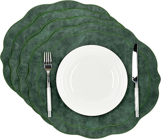 Embroidered Scalloped Faux Leather Placemats Set of 4 - Wipeable Luxury Dinner Table Mats for Dining & Kitchen Decor, Christmas, 17.25" x 15", Green