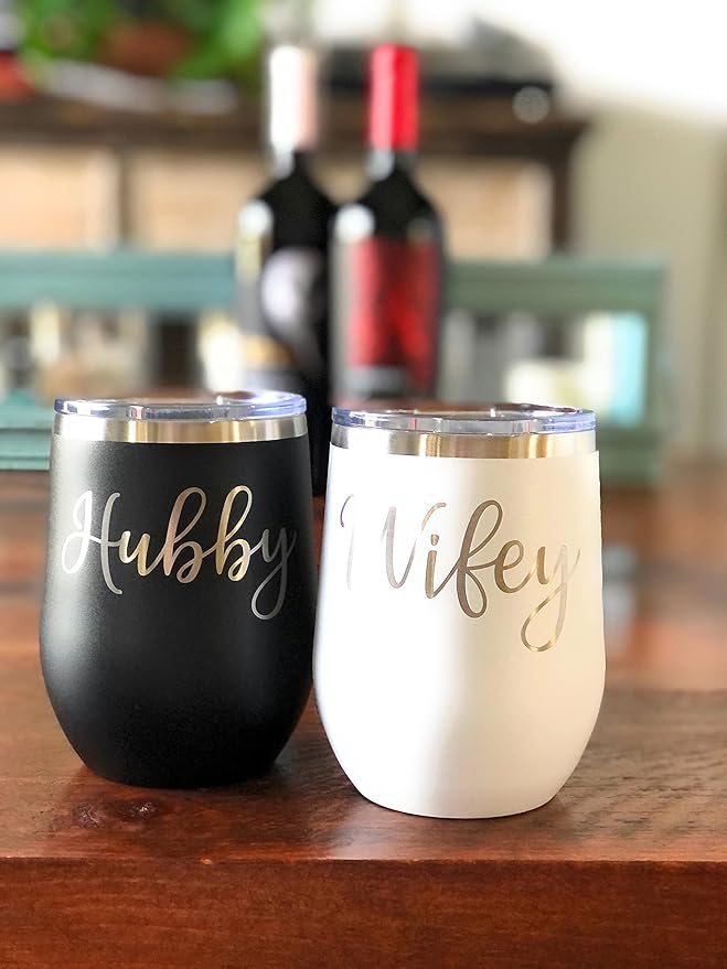 Wifey & Hubby 12 oz. Insulated Wine Glasses Set - Modern Engraved Wedding Gift Drinking Tumblers Couples Gifts Black/White, Wine Glass Set and Wedding Essentials