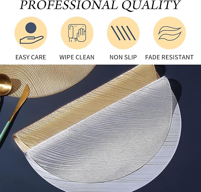 FAVE Golden Round Placemats Vinyl Slip Resistant Table Mats Set of 6 Washable Vinyl Hollowout Textures Placemats for Dining Table Durable PVC Table Mats（15 x15,Gold）