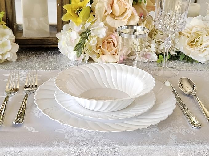 " OCCASIONS " 50 Plates Pack (25 Guests)-Vintage Wedding Party Disposable Plastic Plate Set -25 x 10.25'' Dinner + 25 x 7.5'' Salad/Dessert plates (Blossom in White)
