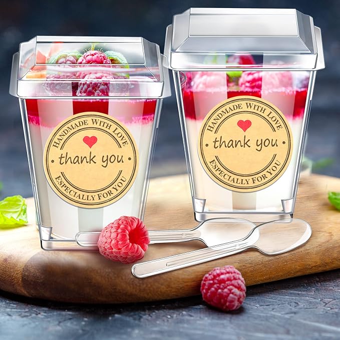 Sieral 100 Pack Plastic Dessert Cups with Lids and Spoons, Mini Clear Yogurt Parfait Cups with Stickers Small Appetizer Container for Fruit Pudding Shooter Party Wedding Halloween Christmas(Square)