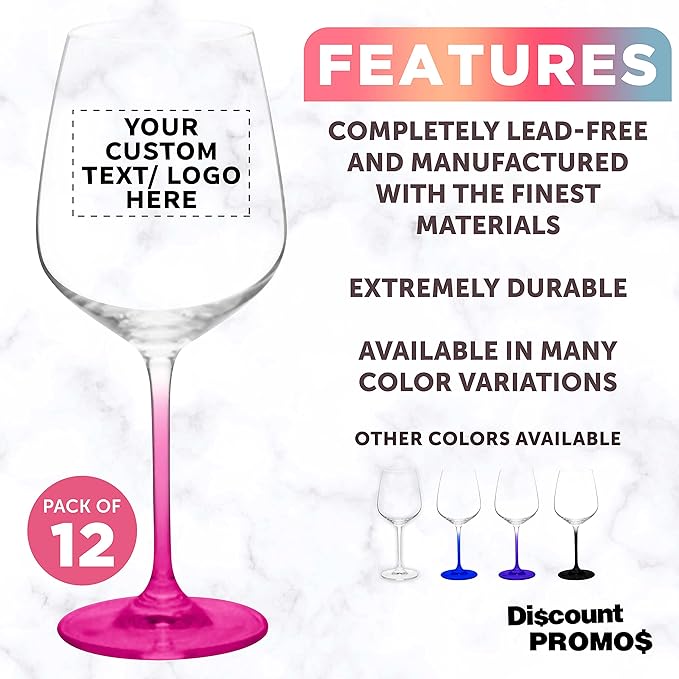 Custom Crystal Wine Glasses 17.5 oz Set of 12, Personalized Bulk Pack - Restaurant Glassware, Perfect for Red Wine or White Wine - Pink