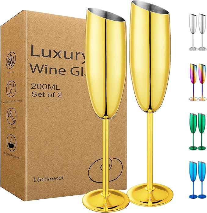 Champagne Flutes Set of 2, Premiumty Stainless Steel High Footed Champagne Glasses, 7oz Capacity,Unbreakable Slanted Champagne Glasses