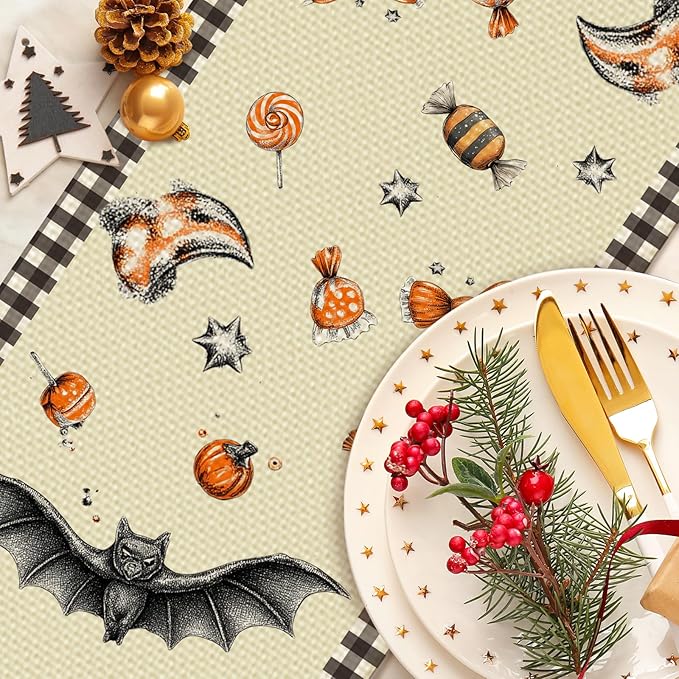Pumpkin Halloween Table Runner Seasonal Fall Kitchen Dining Linen Table Decoration for Indoor Outdoor Home Party Decor 13 x 72 Inch