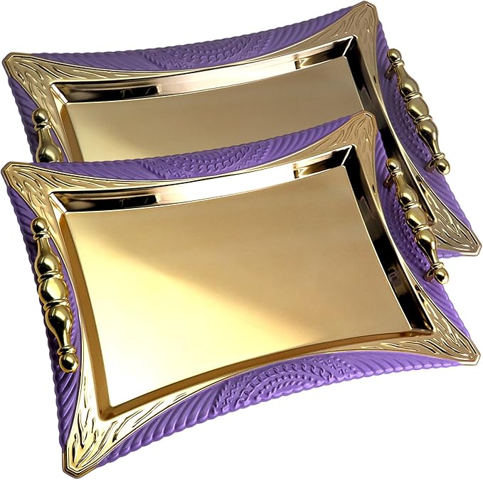 (Pack of 2) 14.2 Inch x 10.4 Inch Rectangular Star Shape Iron Gold Gray Purple Plated Serving Tray with Handles Purple Edge Floral Engraved Decorative Birthday Platter Plate CC-399