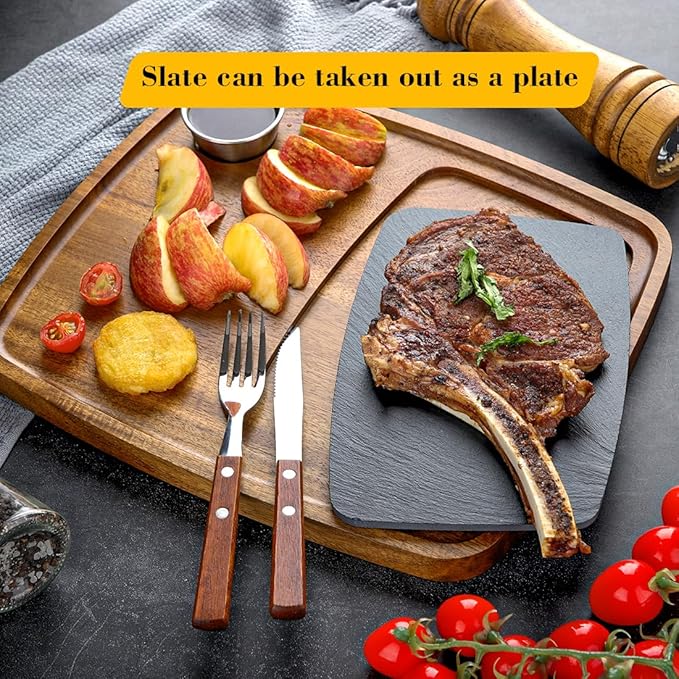 Acacia Wood Serving Plate with Sauce Cup & Removable Slate Insert for Meat Sausages Cheese, Steak Serving Tray Cutting Board Serving Platter Cheese Platter Perfect for Housewarming Christmas