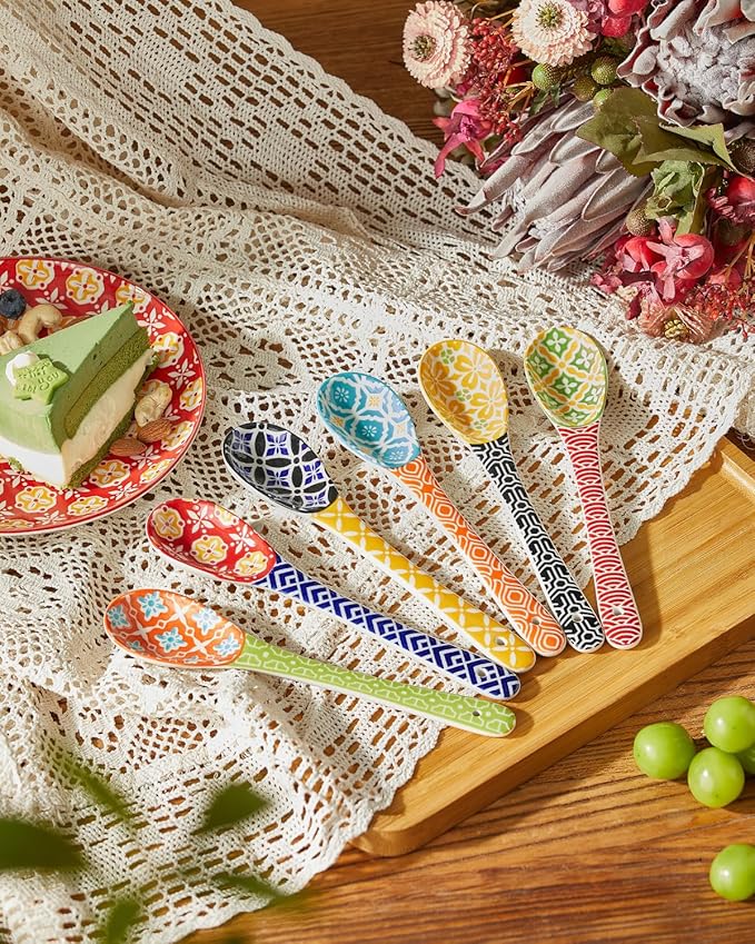 Long Handle Spoons, 8.5" Ceramic Serving Spoon for Cereal, Soups, Stews, Ice Cream, Colorful Decorative Spoons, Dishwasher & Microwave Safe, Assorted Colors, Set of 6