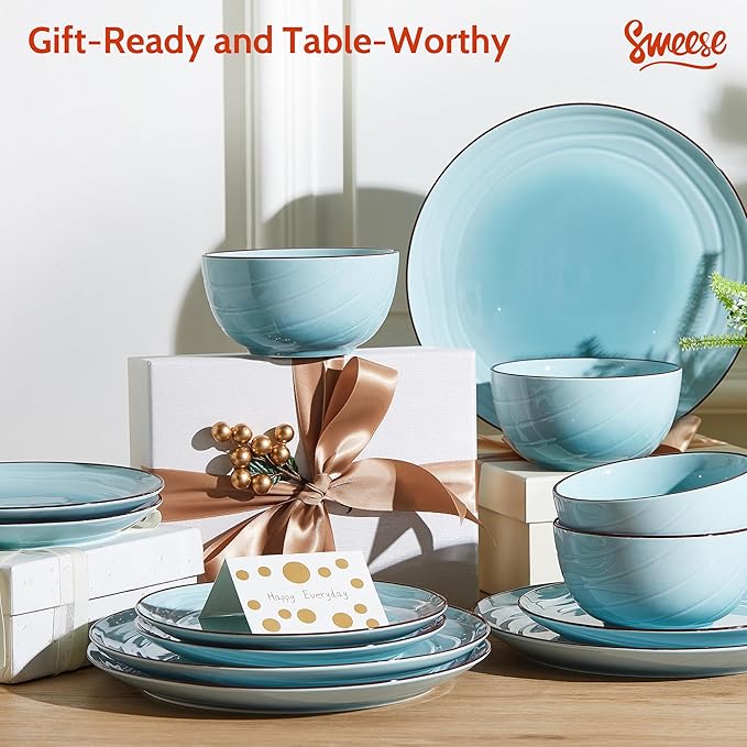 Sweese Porcelain Dinnerware Sets for 6, 18 Pieces Ceramic Plates and Bowls Sets, Handcrafted Minimalist Dinner Set, Chip and Scratch Resistant Dish Set, Dishwasher & Microwave Safe, Gradient Blue