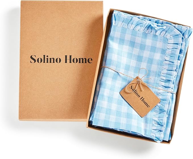 Solino Home Linen Gingham Check Dinner Napkins 20 x 20 Inch - 100% Pure Linen Blue Bell Plaid Cloth Napkins Set of 4 - Gingham Ruffle, Handcrafted and Machine Washable