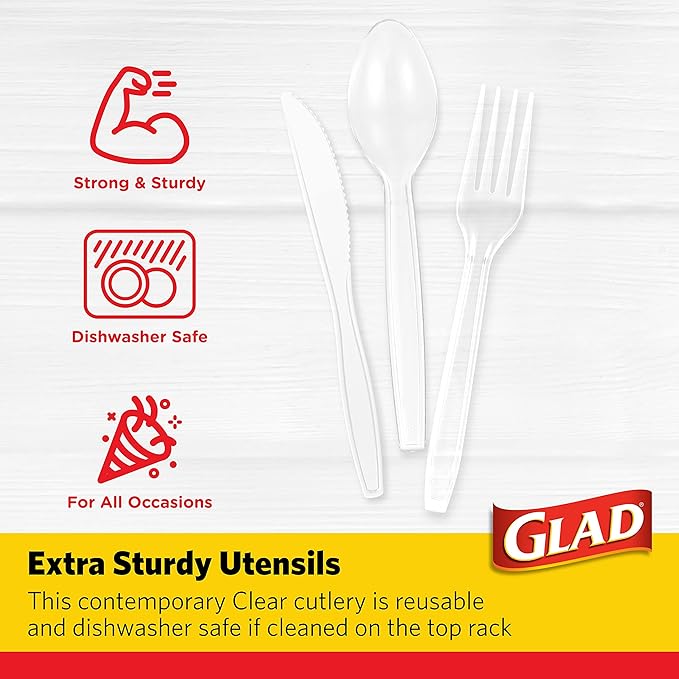 Glad Disposable Plastic Cutlery, Assorted Set | Clear Extra Heavy Duty forks, Knives, And Spoons | Disposable Party Utensils | 240 Piece Set of Durable and Sturdy Cutlery (6 Pack, 1,440 Pieces Total)