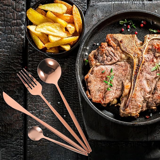 Zerodeko 24pcs Stainless Steel Flatware Set Rose Gold Plated Steak Fork Spoon Cutter Tea Spoon Black Box Serving Utensil Set for Parties and Western Dinnerware