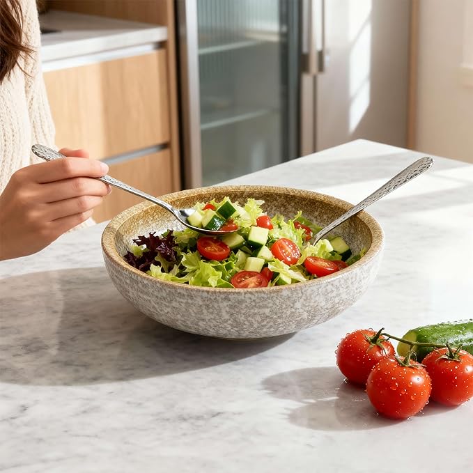 11.5-Inch Large Ceramic Salad Bowl Set – Speckled Stoneware with Stainless Steel Servers, Handcrafted Texture, Dishwasher Safe (Speckled Beige)