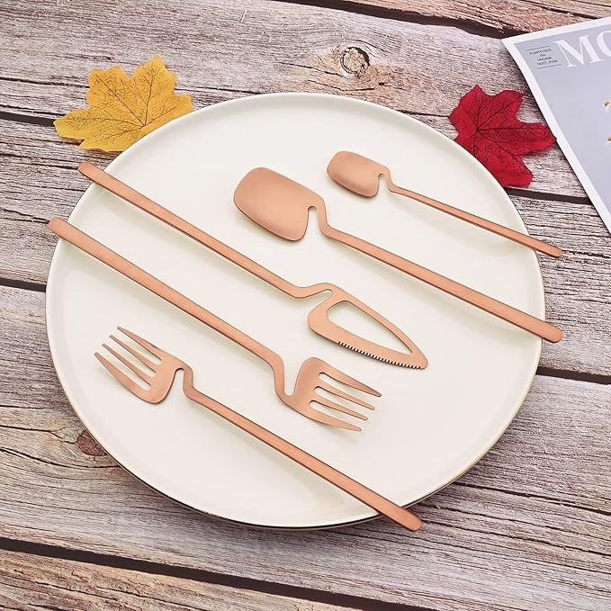 JASHII 28-Piece Silverware Set, 304 Stainless Steel Flatware Cutlery Set Service for 4, Metal Eating Utensil Set, Including Fruit Fork and Ice scoop, Hangable & Matte - Dishwasher Safe - Rose Gold