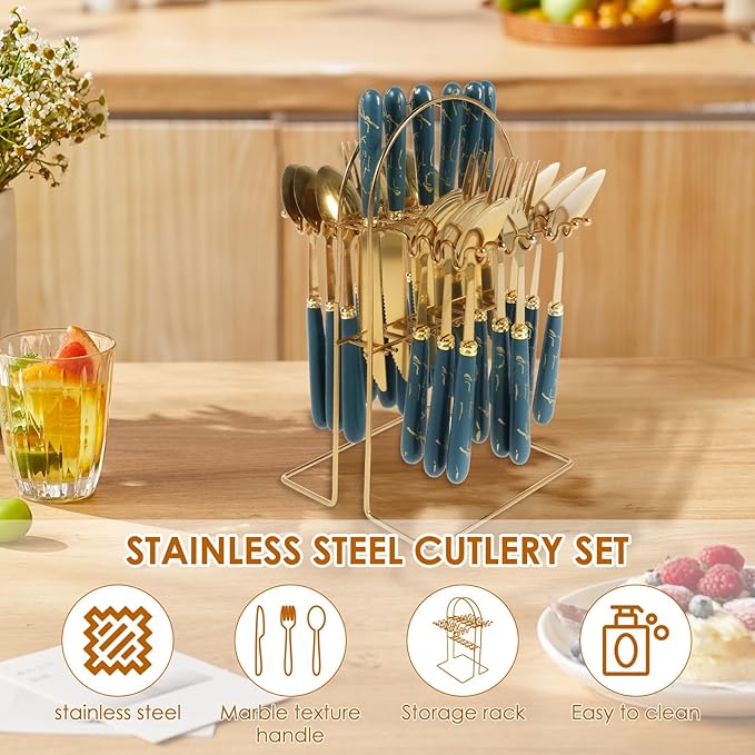 24 Pcs Silverware Set with Hanging Holder, Stainless Steel Flatware Set, Kitchen Utensil Tableware Set with Stainless Steel Knives and Forks and Spoons, Mirror Polished, Dishwasher Safe (Green)