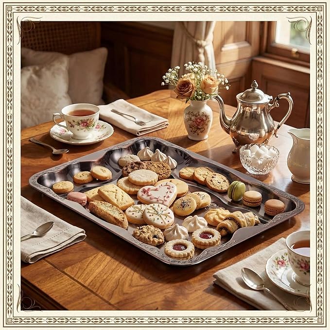 4 Pack Bronze Serving Trays Set for Party, Butterfly Floral Bronze Platter Engraved Mirror Tray, 15.8 x 11.6 Inches Elegant Metal Plate for Christmas Food Appetizer Cookies Desserts