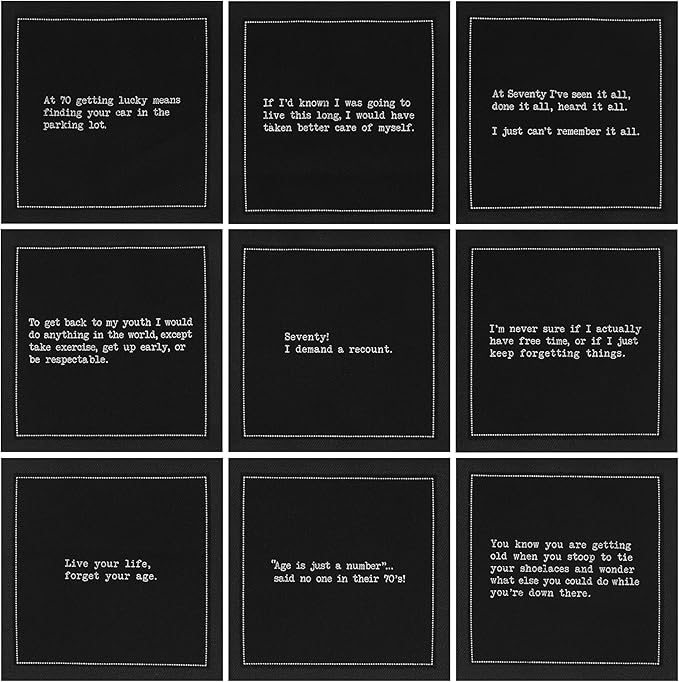 Five Star Funny 70th Birthday Quotes | Black Cotton Cocktail Napkins | 50 Luxury Disposable Beverage Napkins with Witty Bar Quotes | Drink Napkins for Parties, Bars, Weddings & Game Nights