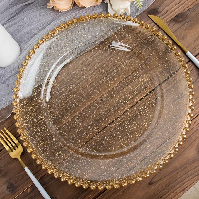 Efavormart 12-Pack Acrylic Charger Plates 13" Round Clear Gold Glittered with Beaded Rim - Decorative Dinner Party Serving Plates
