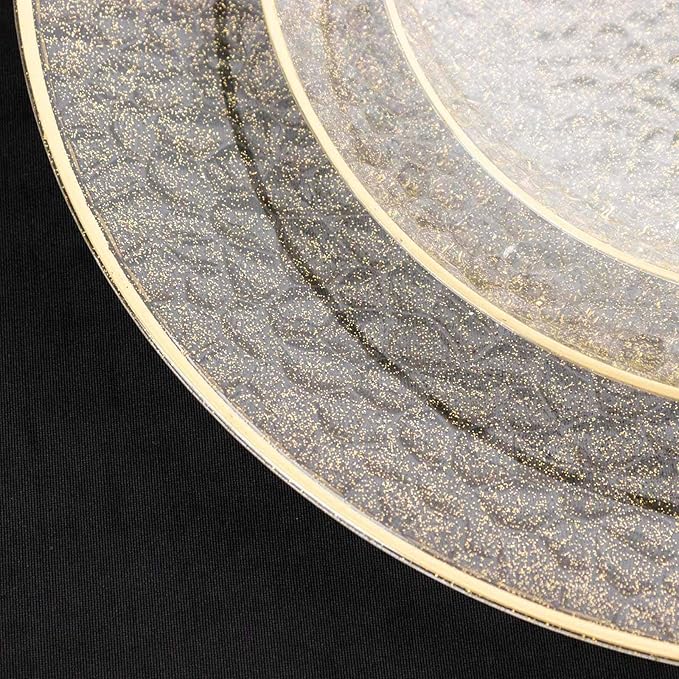 Efavormart 10 Pack Gold Glitter Clear Hammered Plastic Dinner Plates, Round Disposable Party Plates With Gold Rim - 9"