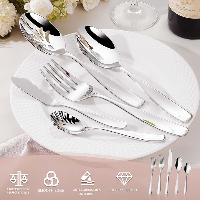 65-Piece Heavy Duty Flatware Set for 12, 18/10 Stainless Steel Silverware Set and Serving Utensils Set, Dishwasher Safe, Weighted Silverware Knife Fork and Spoon Set
