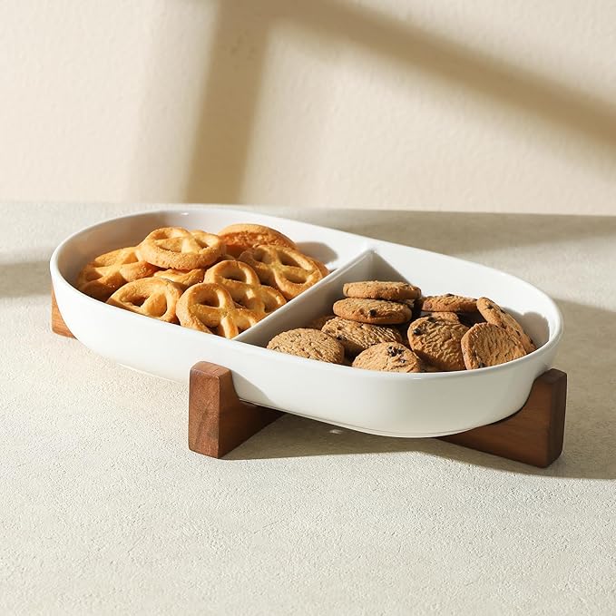 Divided Ceramic Serving Plate with Acacia Wood Base, Appetizers Platter for Home Decor(2-Compartment Plate), 12inch Divided Plate for Snack, Dessert, Fruit, Chip and Dip Serving Set