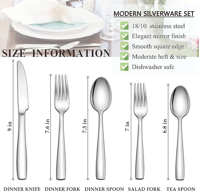 Herogo 18/10 Stainless Steel Silverware Set, 30-Piece Fancy Flatware Cutlery Set for 6, Modern Eating Utensils Tableware for Home Restaurant Wedding, Mirror Polished, Dishwasher Safe