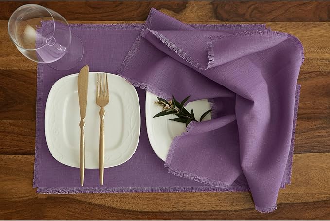 Solino Home Linen Fringe Cloth Placemats Set of 4-100% Pure Linen Mulberry Placemats 14 x 19 Inch for Christmas, Holiday, New Year