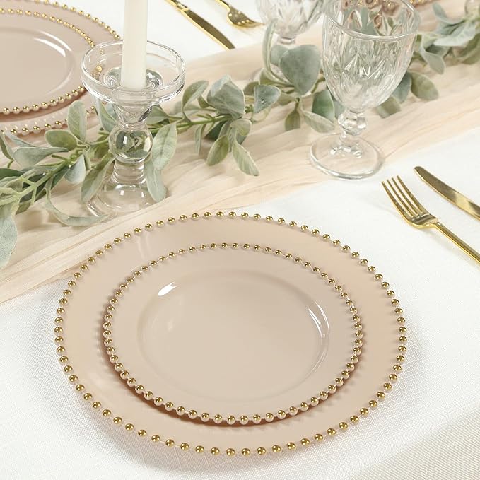 8" Salad Plates - Set of 20 - Plastic Taupe Round Disposable Dessert Appetizer Plate with Gold Beaded Rim, Ideal for Dinner Party Wedding Bulk Events
