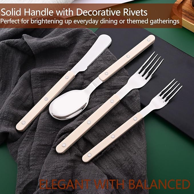 20 PCS Stainless Steel Flatware Set for 4, Silverware Set with Colored Handles, Retro Style Forks Spoons and Knives Set, Vintage Eating Utensils, Beige Acrylic Handle with Rivets Design