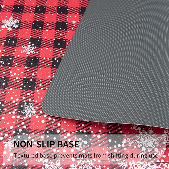 QIYI Christmas Placemats Set of 6, 12x18 Inch PU Leather Place Mats for Kitchen Dinning, Heat Resistant Anti Slip Winter Table Mats, Waterproof Wipeable Placemat Party Décor, Buffalo Plaid Snowflakes