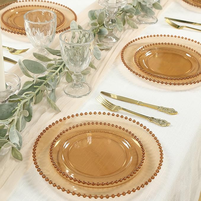 8" Salad Plates - Set of 10 - Plastic Amber Round Disposable Dessert Appetizer Plate with Beaded Rim, Ideal for Dinner Party Wedding Bulk Events