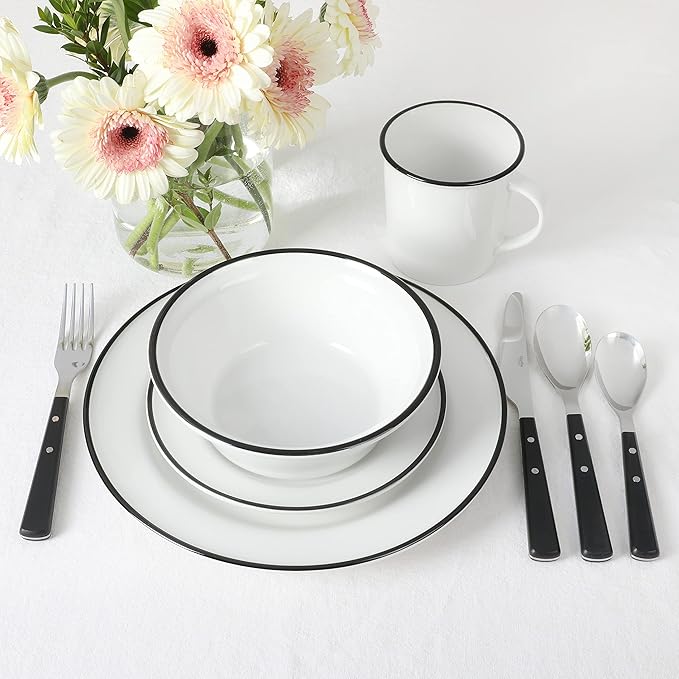 Martha Stewart Cliffield 16-Piece Porcelain Chip and Scratch Resistant Dinnerware Set - White w/Black Rim