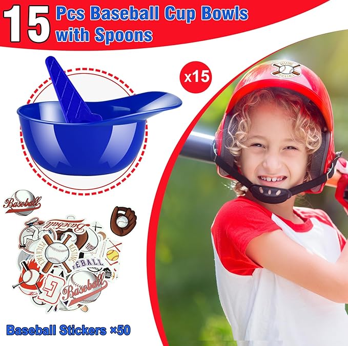 MEEZY 30 Set Baseball Helmet Ice Cream Bowls with 15 Mini Dessert Cups and 15 Spoons, 8oz Reusable Baseball Cap Snack Dessert Cup Bowls Baseball Party Favors for Kids Sports Birthday Party Supplies