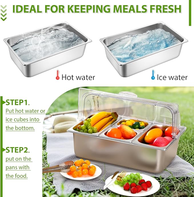 4 Pans Countertop Ice Food Serving Display Container and Clear Roll Top Cover Stainless Steel Condiment Dispenser Serving Tray Salad Bar Buffet Station for Restaurant Hotel Kitchen Party