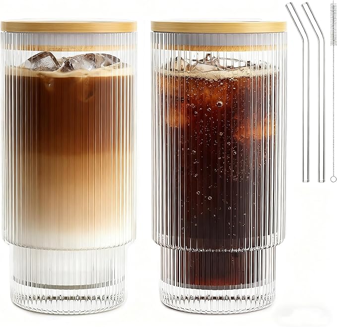 AFINSEA 16OZ Ribbed Glass Cups with Lids and Straws,Iced Coffee Cups with Bamboo Lid,Vintage Glassware for Whiskey Cocktail Beer Fruit Juice Glasses Tumbler(2 Pack)