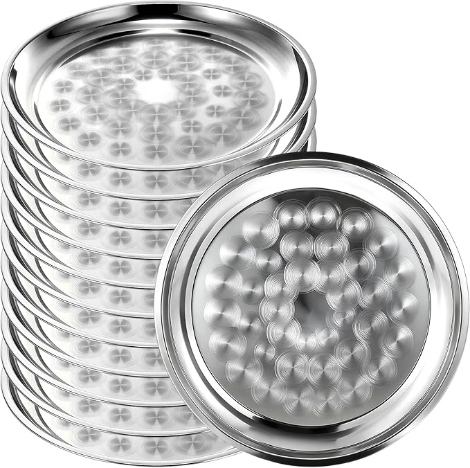12 Pack Stainless Steel Round Serving Tray with Swirl Pattern Bulk Large Round Tray Silver Metal Display Serving Platter for Coffee Party Club Home (12 Inch)