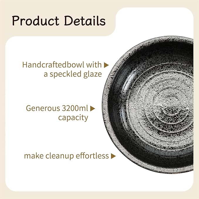 11.5-Inch Large Ceramic Salad Bowl Set – Speckled Stoneware with Stainless Steel Servers, Handcrafted Texture, Dishwasher Safe (Obsidian Black)