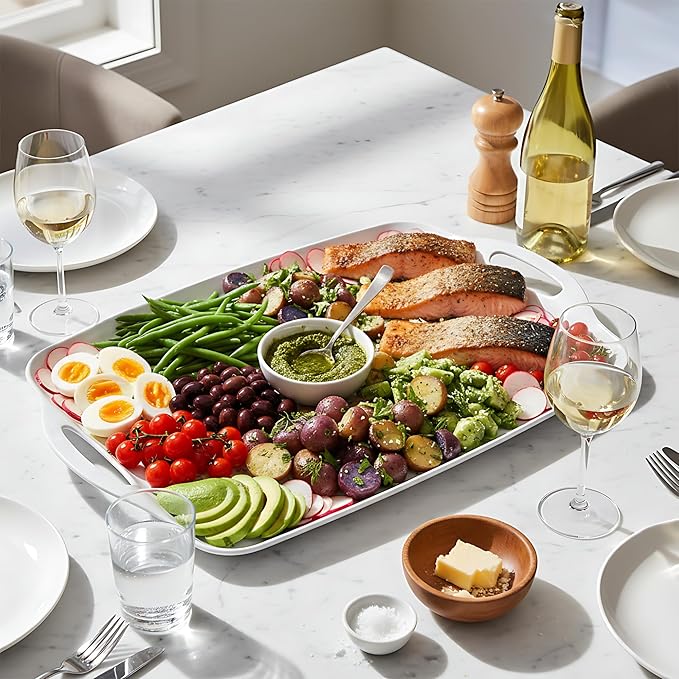 TP Serving Trays with Handles, 17 x 12 Inch Melamine Serving Platters for Food, Meat, Set of 2 Rectangular Trays for Eating, Pure White