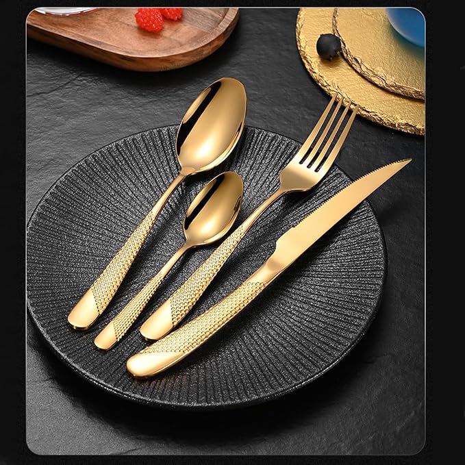 diamond hammered silverware set, 40-piece cutlery set for 8 people, Checkered Handle Stainless Steel Flatware serving set - Cutlery Set For Home Kitchen