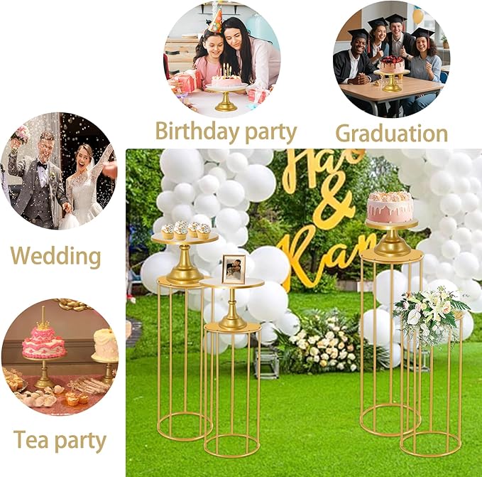 3 Set Gold Cake Stand，Display Plate Dessert Cupcake Pastry Candy for Party，Elegant Round Cylinder Columns tables for Weddings Cake Stands，Birthday Party