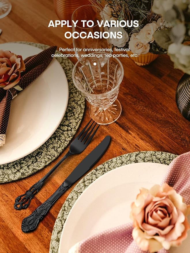 Stapava 40 Pcs Black Silverware Set, Gorgeous Retro Royal Silverware Set for 8, Stainless Steel Mirror Flatware Cutlery Set, Include Forks Spoons and Knives set, Dishwasher Safe Utensils