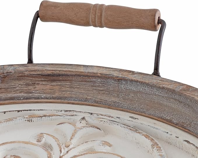 Kate and Laurel Hillrose Round Wooden Tray, 18 inch Diameter, Rustic Brown and White, Decorative Tray for Serving, Display, and Storage