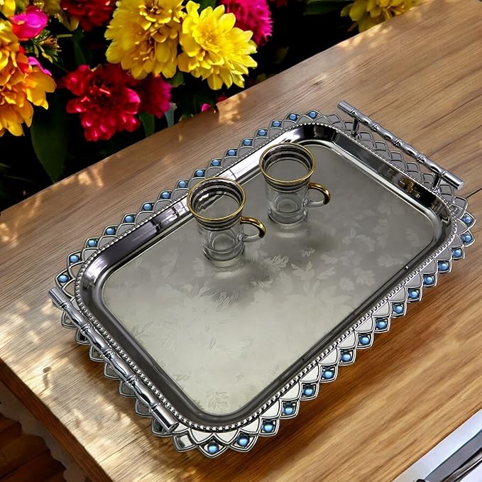 (Pack of 1) 16.5 inch x 11.8 inch Floral Shape Style Chrome Plated Silver Serving Tray with Handles Anti-Scratch Sticker Floral Engraved Edge Blue Bead Decor Wine Platter Plate FST-011