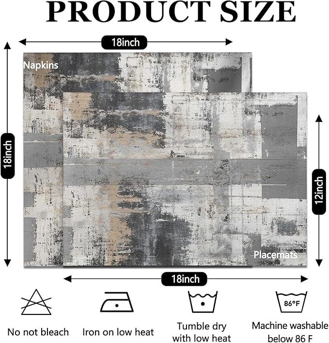 Mcalk 4 Each Grey Placemats and Cloth Napkins Set of 8, Modern Art Placemat, Abstract Black Cloth Napkin for Home Kitchen Decor (Placemats 18 "x12 Napkins 18 "x18)