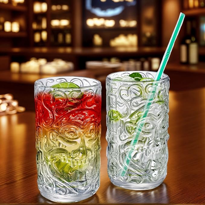 Clear Glass Drinking Glasses Set of 2 Tiki Drinking Glasses Cups 14.5oz for Cocktails,Water,Juice,Beer,Wine Mojito Cups, Cocktail Glass, Bar Glassware Set for Cocktail, Beer, Whiskey