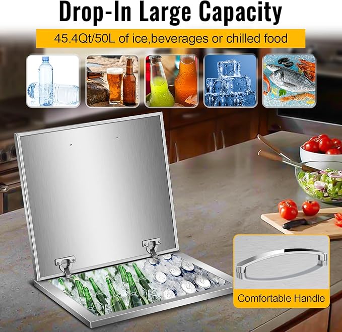 Drop in Ice Chest with Cover Stainless Steel Ice Cooler Included Drain-Pipe and Drain Plug Drop in Ice Bin Outdoor Kitchen for Cold Wine Beverage
