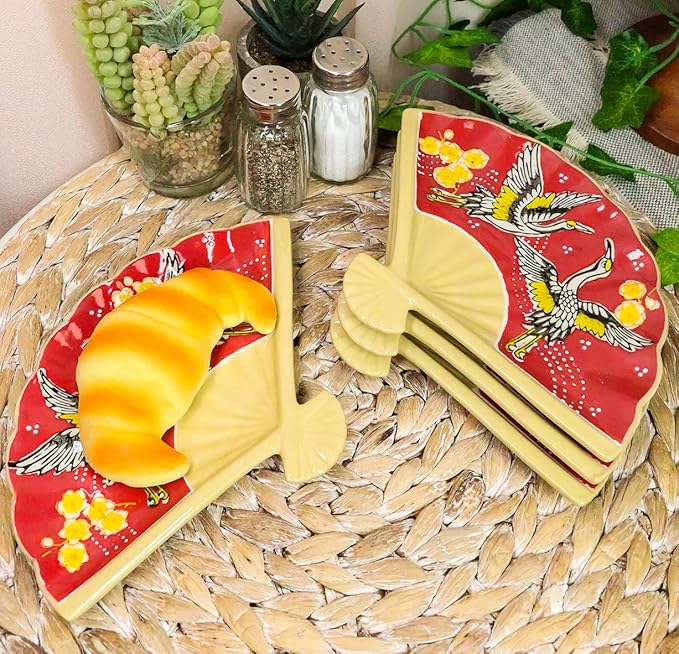Ebros Pack Of 4 Colorful Oriental Folding Fan Shaped Appetizer Sushi Dessert Serving Dish Plates Decorative Artistic Dinner Lunch Serveware Plate Set (Red Flying Cranes With Cherry Blossoms)
