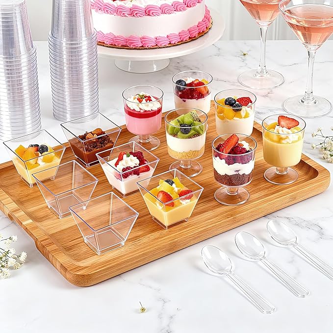 100 Pack 2 oz Mini Plastic Dessert Cups with Spoons, Disposable Clear Goblet Pudding Parfait Jello Shooter Cups Party Serving Bowls, Small Square Tasting Cups for Fruit Trifle Ice Cream Yogurt