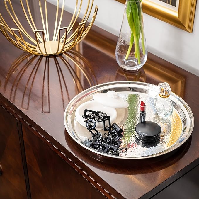 Hammered Stainless Steel Trays – Round Silver Serving Trays - Metal Serving Tray - 2 Pc - Large Tray 15” Medium Tray 13” - Decorative Platters – by Colleta Home