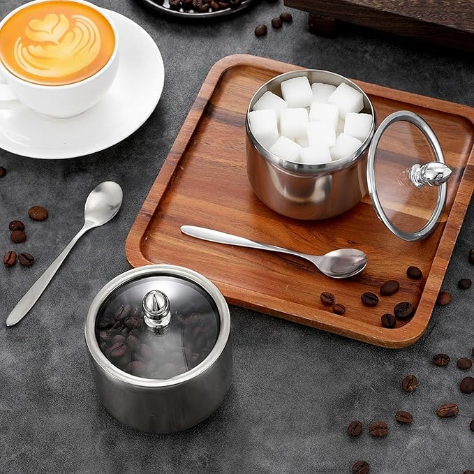 4 Pack 10oz Sugar Bowl with Lid And Spoon, Stainless Steel Sugar Creamer Container Durable Round Jar for Coffee Bar Kitchen Accessories Food Storage Containers Kitchen Decor Housewarming Gift (Silver)