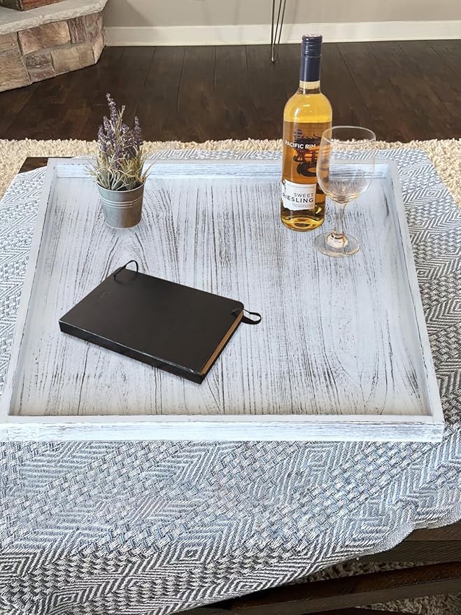 Extra Large Square Ottoman Table Tray 24 inch - Rustic Wooden Serving Tray for Farmhouse Decorative Oversized Coffee Table Trays Living Room Kitchen Counter Breakfast Whitewash